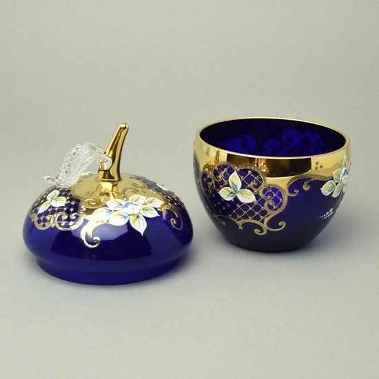 Křišťálová dóza "Jablko" malá, v. 16 cm, MODRÁ, zlato + smalt, Jahami Bohemia