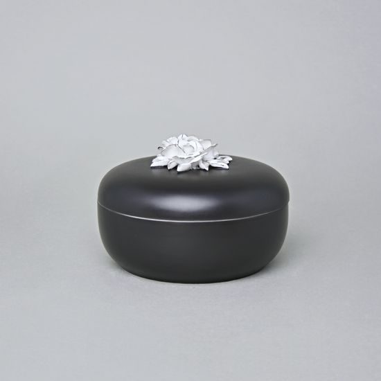 Dóza kulatá s růžemi 13,7 x 7,5 cm, Černý fond + Platina, Porcelán Duchcov