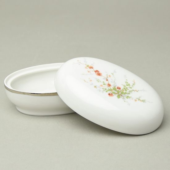 Dóza ovalná 12 x 8 cm, Bílá + platina + dekor, Porcelán Duchcov