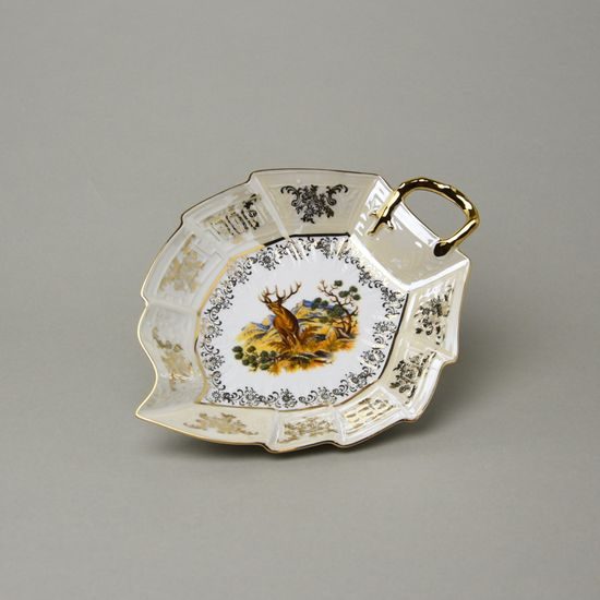 Mísa list s oušem 23 x 17,5 x 5 cm, náhodný dekor, myslivecký béžový, zlatý listr, Carlsbad