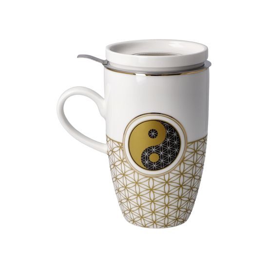 Tea Cup 0,45 l with Lid and Strainer Flower of Life White, 11,5 / 8 / 14 cm, fine bone china, Lotus, Goebel