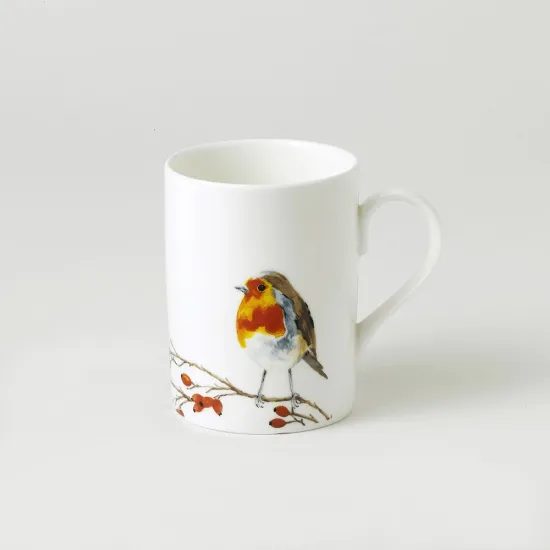 Robin: Mug 325 ml and saucer breakfast, English Fine Bone China, Roy Kirkham