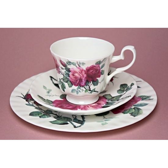 English Rose: Trio set - Šálek 220 ml, podšálek snídaňový a dezertní talíř, anglický kostní porcelán Roy Kirkham