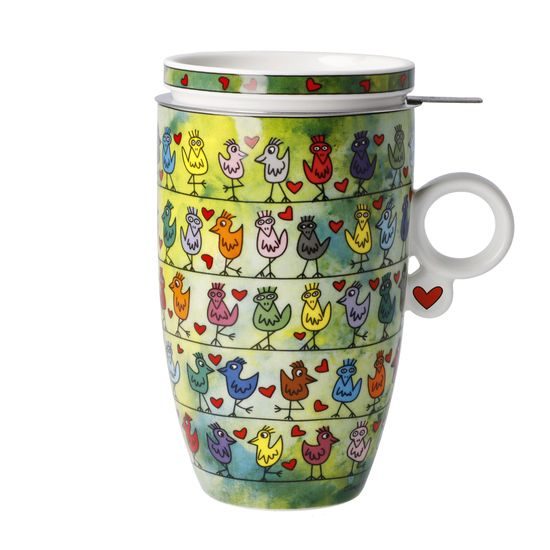 Tea Cup 0,45 l with Lid and Strainer James Rizzi - Birds on a Love Wire, 11,5 / 8 / 14 cm, Fine Bone China, J. Rizzi, Goebel