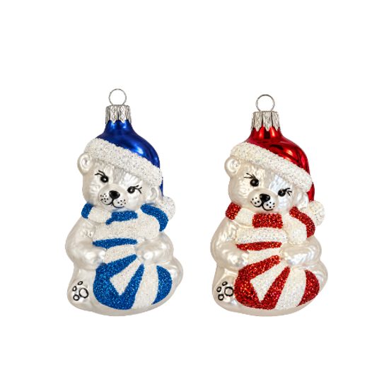 Christmas Glass Bear Ornament with Stocking, 7 cm, Czech Ornaments MIJA