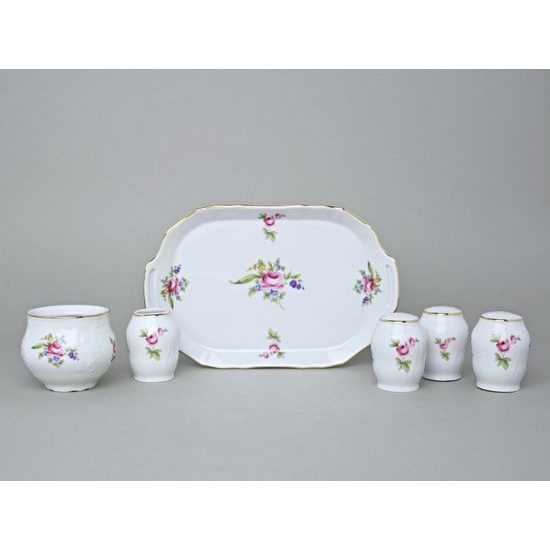 Cruet set 6 pcs., Thun 1794 Carlsbad porcelain, BERNADOTTE Meissen Rose