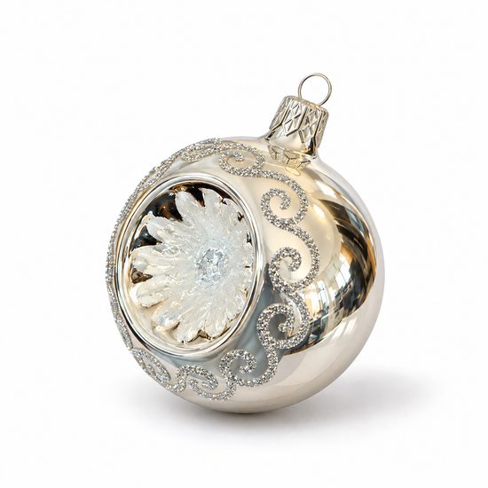 Christmas Tree Decoration Ball, 8 cm REFLECTOR (white), Czech Glass christmas decorations