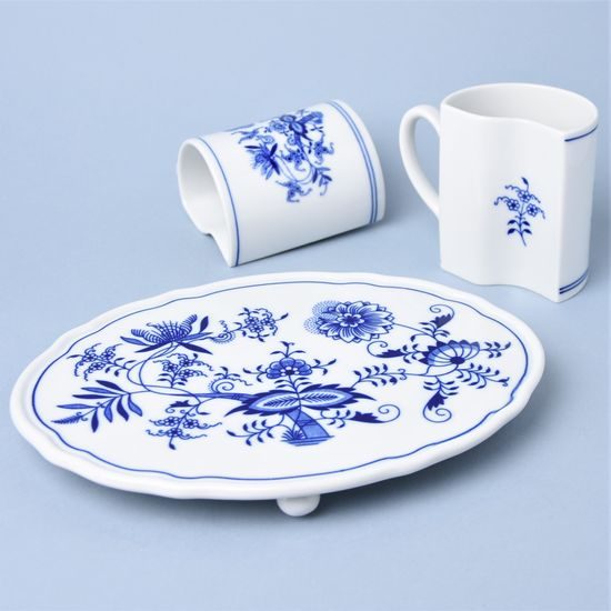 3 pcs set DUO, footed platter oval + 2 mugs, Original Blue Onion pattern