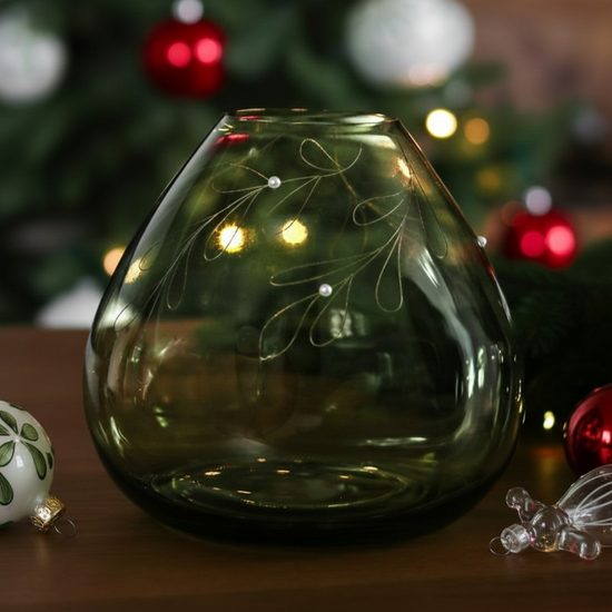 Skleněná váza průsvitná 18,5 cm jmelí s perlami, zelená, Glassor