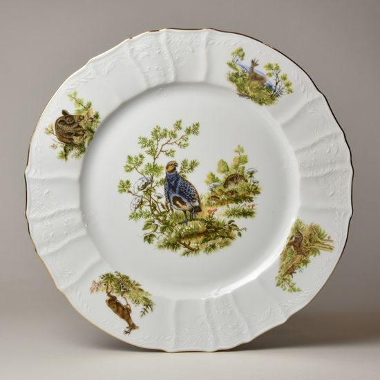 Dish round flat 30 cm (club plate), Thun 1794 Carlsbad porcelain, BERNADOTTE hunting