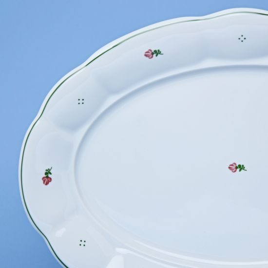 Dish oval flat 36 cm, red flower + green, G. Benedikt 1882