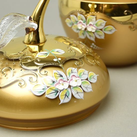 Křišťálová dóza "Jablko" kulatá velká - ZLATÁ, v. 22 cm, zlato + smalt, Jahami Bohemia