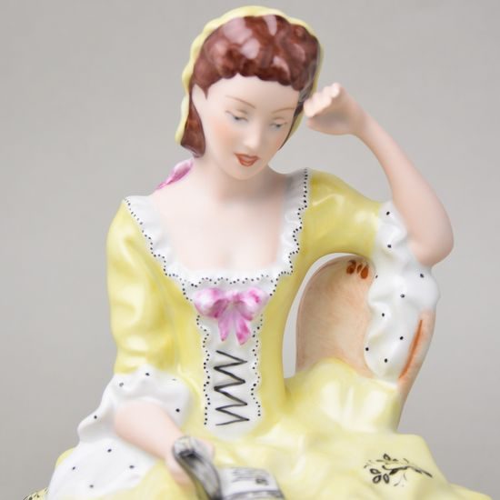 Lady with book, middle 22,5 x 32,5 x 26,5 cm, yellow decor, Royal Dux Bohemia