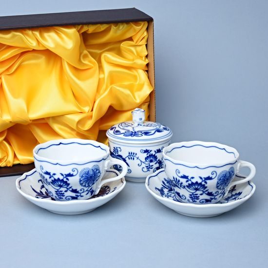 Souprava šálků a cukřenky v dárkové krabičce, Cibulák, originální z Dubí