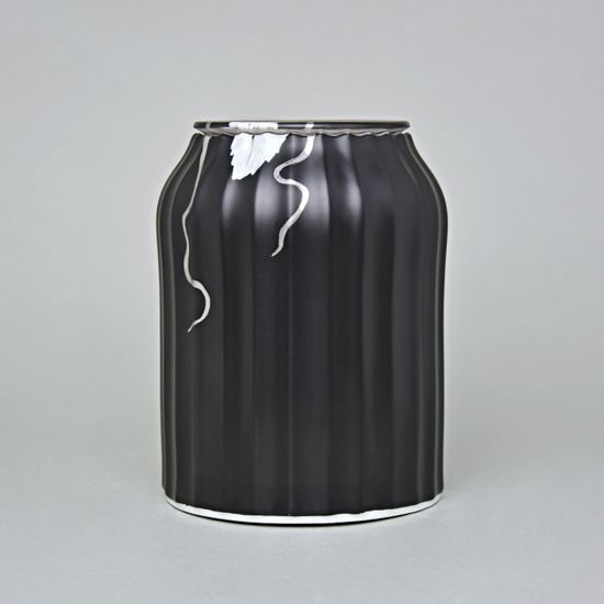Dóza / Urna Dora s pírky a platinovou stuhou 16 x 12 cm, Černý fond + platina, Porcelán Duchcov
