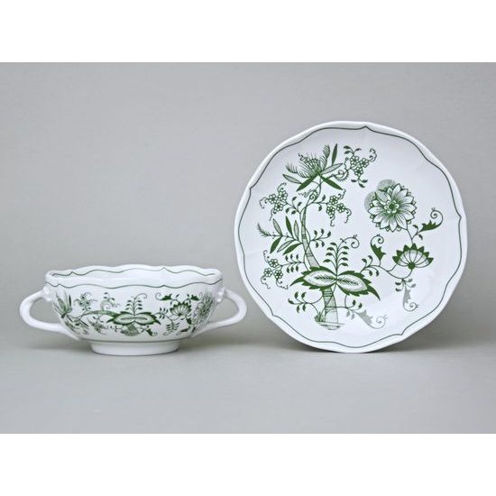 Šálek a podšálek bujón (na polévku) s oušky 250 ml / 17,5 cm, zelený cibulák, Český porcelán a.s.