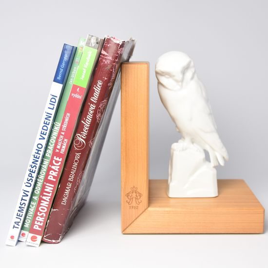 Zarážka do knihovny dřevěná + porcelánová sova, 11 x 8 x 15, Porcelánové figurky Aelteste Volkstedter