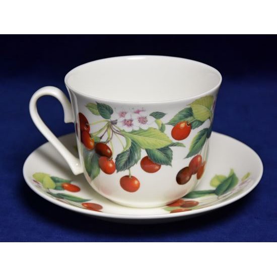 Třešně: Šálek 420 ml a podšálek 17 cm snídaňový, anglický kostní porcelán, Roy Kirkham