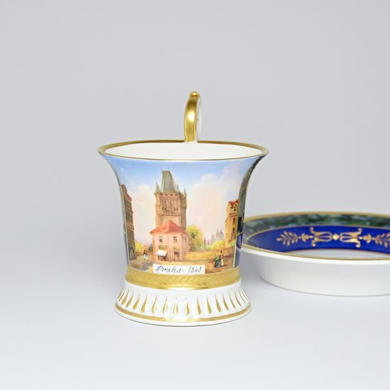 Cup and Saucer Johan, Prague 1848, 200 ml, Gold Etching, hand-painted by Roman Široký, Haas a Czjzek Porcelain