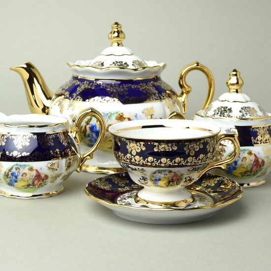 Tea set for 6 pers., The Three Graces + gold + COBALT, Queens Crown porcelain