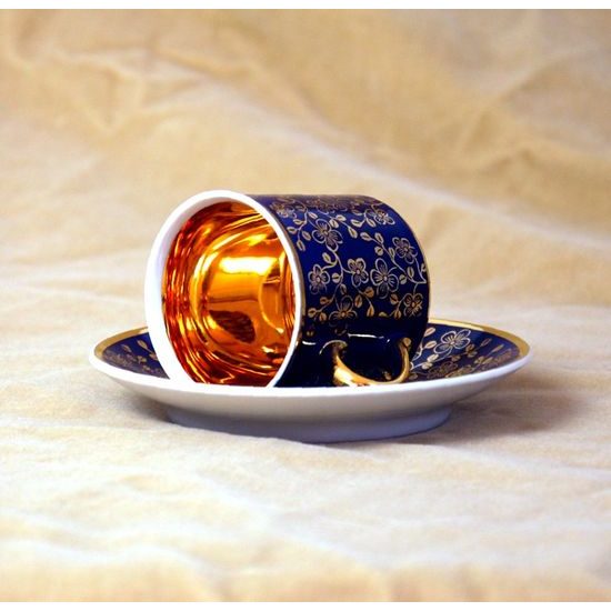 Cup 100 ml mocca and saucer 11,5 cm Sabina, inner gold, dark blue, Leander Loučky