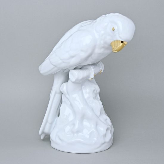 Papoušek 16 x 24,5 x 30 cm, Bílá + zlato, Porcelánové figurky Duchcov