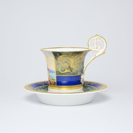 Cup and Saucer Johan, Prague 1901, 200 ml, Gold Etching, hand-painted by Roman Široký, Haas a Czjzek Porcelain