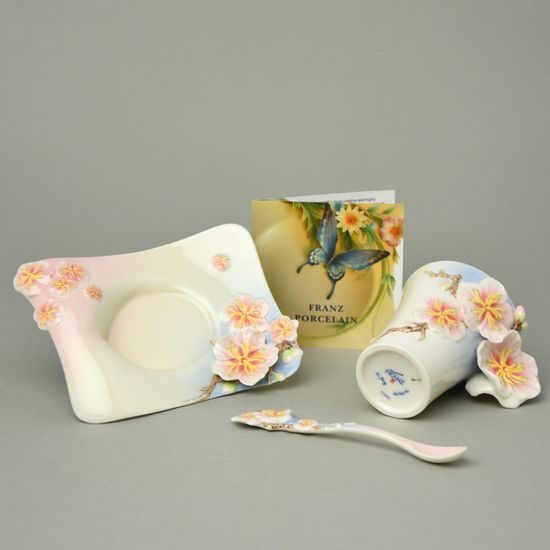 FOUR SEASONS-PLUM BLOSSOM DESIGN SCULPTURED porcelain cup/saucer/spoon set, FRANZ porcelain