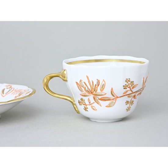 Elegance: Cup 0,21 l + saucer 16 cm, Gold + Orange, Hand-decorated by Vilém Janoušek, Český porcelán a.s