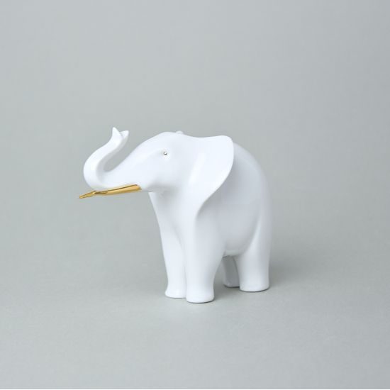 Baby Elephant 12,3 x 10 x 7,3 cm, White + Gold, Royal Dux Bohemia