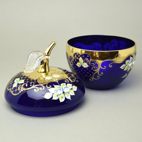Křišťálová dóza "Jablko" kulatá velká - MODRÉ, v. 22 cm, zlato + smalt, Jahami Bohemia