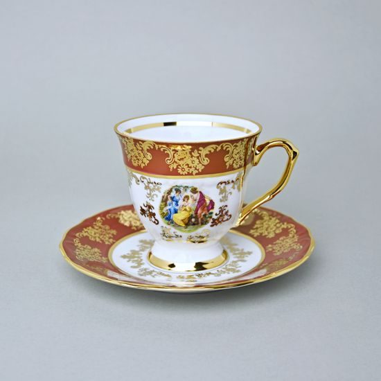 Šálek vysoký 170 ml a podšálek 16 cm kávový, Tři Grácie, zlatý listr + rubín, Marie Tereza Queens Crown
