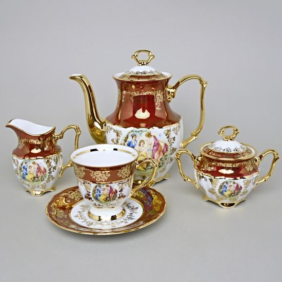 Coffee set for 6 pers., The Three graces, gold + pearl ruby red, Queen's Crown