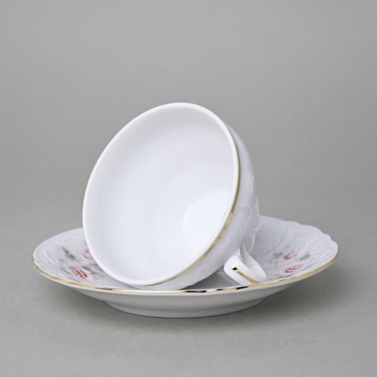 Gold line: Tea cup and saucer 205 ml / 15,5 cm, Thun 1794 Carlsbad porcelain, Bernadotte roses