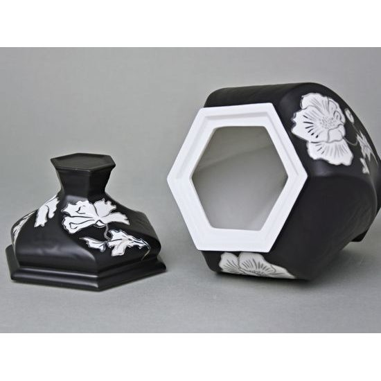 Dóza / Urna šestihran 20 x 14,5 x 13 cm , Černý fond + platina, Porcelán Duchcov
