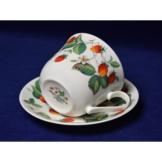 Alpine Strawberry: Cup 420 ml and saucer breakfast, English Fine Bone China, Roy Kirkham