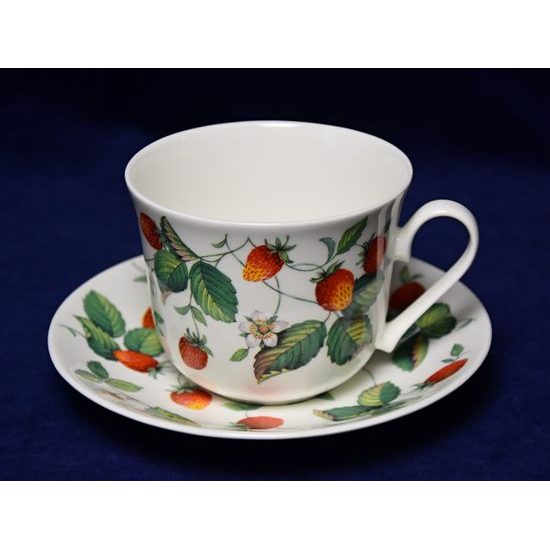 Lesní jahody: Šálek 420 ml a podšálek snídaňový, anglický kostní porcelán Roy Kirkham