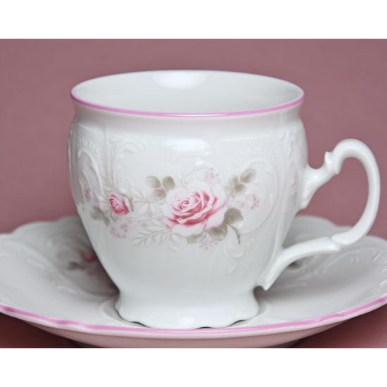 Pink line: Coffee cup and saucer 220 ml / 16 cm, Thun 1794 Carlsbad porcelain, BERNADOTTE roses