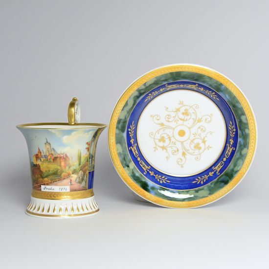 Cup and Saucer Johan, Prague 1874, 200 ml, Gold Etching, hand-painted by Roman Široký, Haas a Czjzek Porcelain