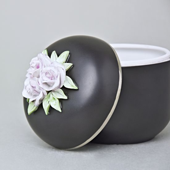 Jar With Violet Roses 11 x 9 cm, Black + Platinum, Royal Dux Bohemia Porcelain