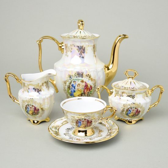 Kávová sada pro 6 osob, MALÉ NÍZKÉ ŠÁLKY, Tři Grácie, zlatý listr, Carlsbad