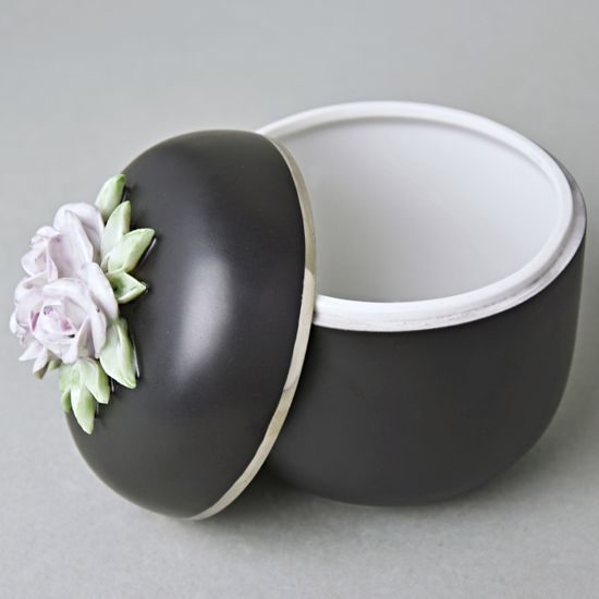 Jar With Violet Roses 11 x 9 cm, Black + Platinum, Royal Dux Bohemia Porcelain