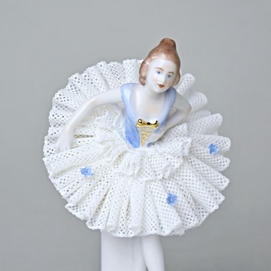 Tanečnice s krajkou (bledě modrá v předklonu) 8 x 6 x 12 cm, Kurt Steiner, Porcelánové figurky Unterweissbacher