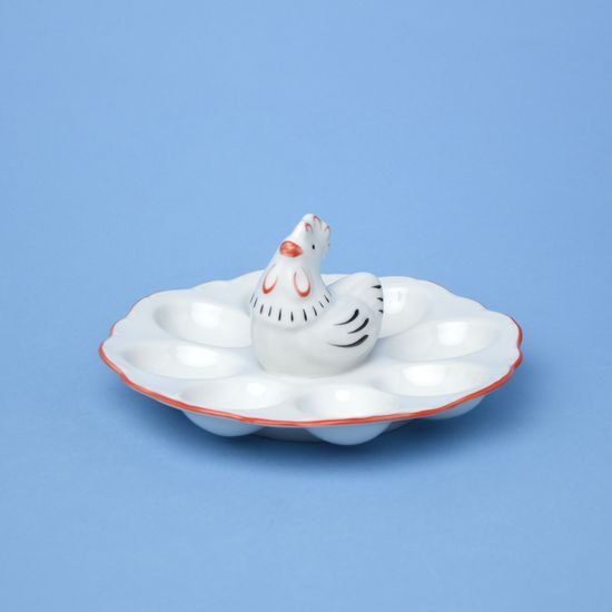 Tray for 8 eggs with a Hen figurine 20 cm, Queens Crown porcelain