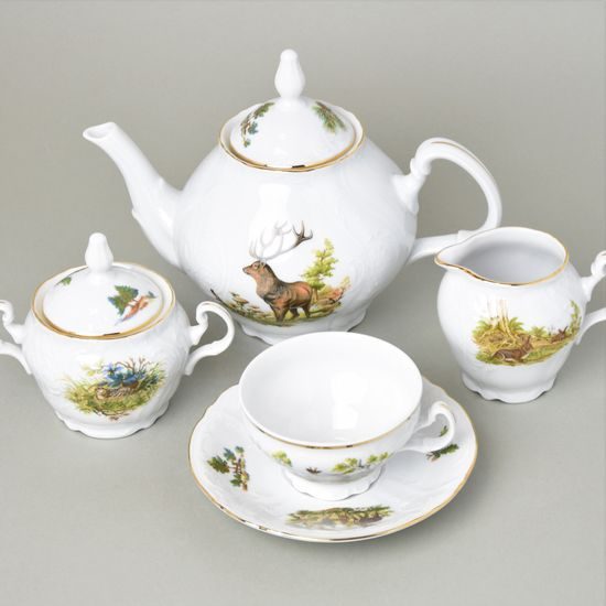 Tea set for 6 persons, Thun 1794 Carlsbad porcelain, BERNADOTTE hunting