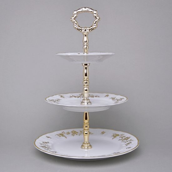 Etažer 3-díl. 34 cm, Thun 1794, karlovarský porcelán, BERNADOTTE zlaté kytičky