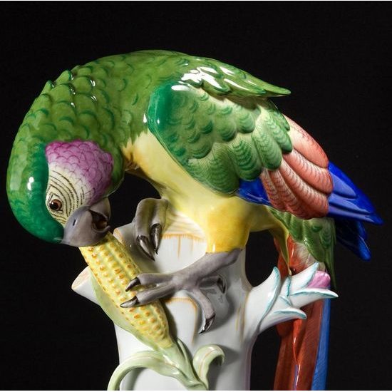 Papoušek s kukuřicí 30 x 18 x 39 cm, Arthur Storch, Porcelánové figurky Gläserne Porzellanmanufaktur