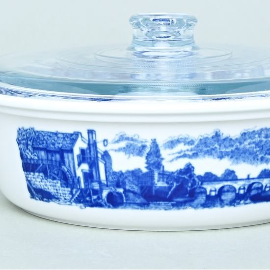 Baking bowl round with glass lid 29,5 cm, Water mill, Thun 1794, Carlsbad Porcelain