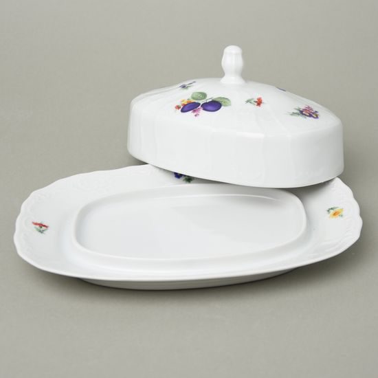 Butter dish for 250 g, Thun 1794 Carlsbad porcelain, BERNADOTTE plums and flowers