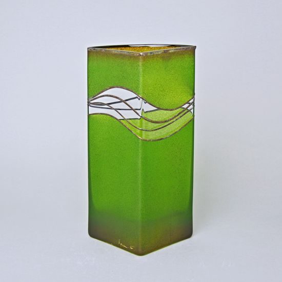 Studio Miracle: Váza tříhranná zeleno-hnědá, 26 cm, ruční dekorace Vlasta Voborníková